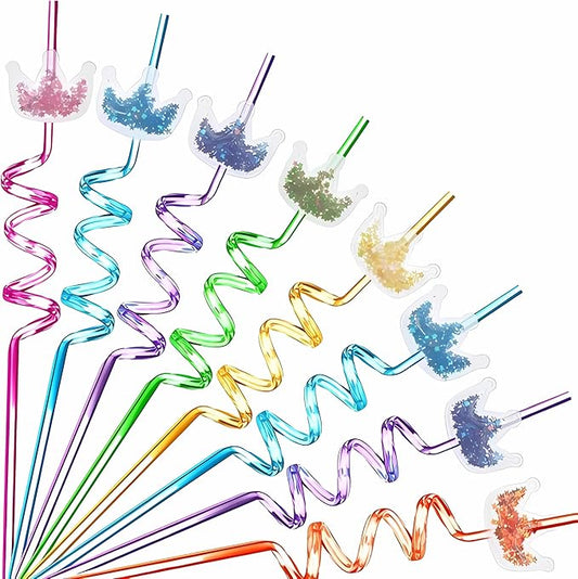 Generic 24 Glitter Princess Party Favors Reusable Crown Drinking Straws 6 Designs Great for Princess Theme Birthday Party Supplies with 2 Cleaning Brushes, 11