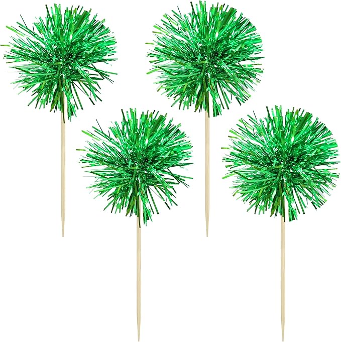 Gyufise 30Pcs Foil Firework Cupcake Toppers Sparkle Tinsel Cake Toppers Tinsel Drink Cake Decoration Cocktail Picks for Birthday Wedding Graduation Party Supplies Dark Green