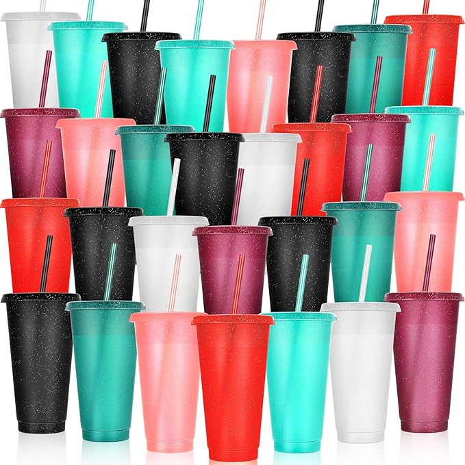 Honeydak 30 Pack Tumbler with Straw and Lid Bulk Cups for Gifts Glitter Plastic Coffee Cups 24-27 oz Reusable Water Bottle Iced Coffee Travel Mug Party Favors for Birthdays Travel (Glitter)
