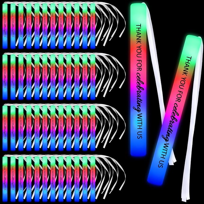 50 Pack Colorful LED Party Foam Light Sticks Batons with Triple Ribbon Christmas Holiday Celebrating Wands 3 Color Lighting Modes for Guests Send off, Wedding, Festivals, Birthday Party