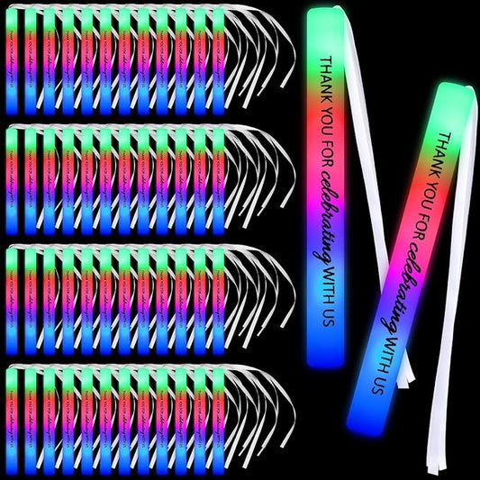 50 Pack Colorful LED Party Foam Light Sticks Batons with Triple Ribbon Christmas Holiday Celebrating Wands 3 Color Lighting Modes for Guests Send off, Wedding, Festivals, Birthday Party