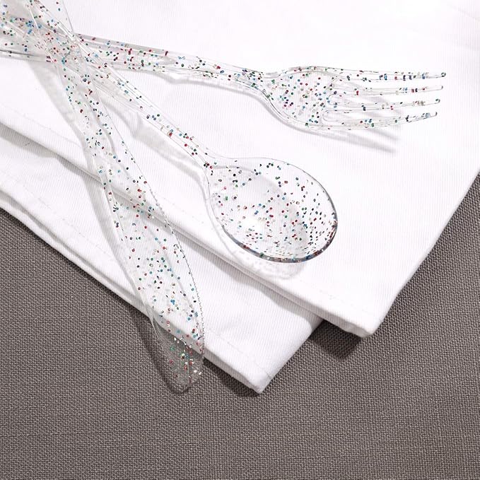 Supernal 360pcs Clear Plastic Silverware, Glitter Disposable Cutlery with Colorful Design,120 Forks,120 Knives,120 Spoons,Perfect for Parties Birthday