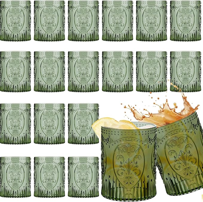 24 Plastic Vintage Drinking Glasses 8.5oz Stemless Retro Embossed Wine Glasses Shatterproof Reusable Cups for Baby Shower Wedding Reception Grand Event Party (Dark Green)