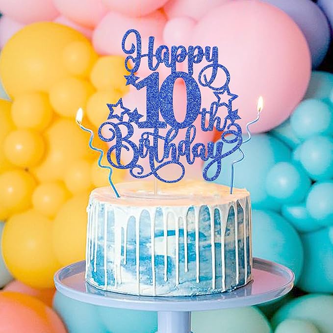 1 PCS Happy 10th Birthday Cake Topper Glitter Cheers to 10 Years Birthday Cake Pick Hello 10 Fabulous Cake Decoration for Happy 10th Birthday Anniversary Party Decorations Supplies Blue