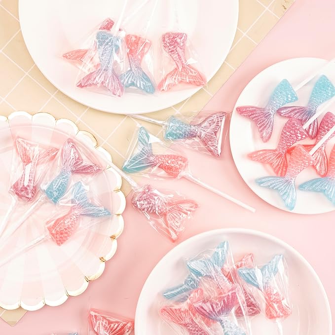 Mermaid Tail Lollipops 24pk, Individually Wrapped Mixed Fruit Flavor Colorful Gradient Candy Bulk, Ideal for Mermaid Themed Parties, Birthdays, Party Favors & Supplies