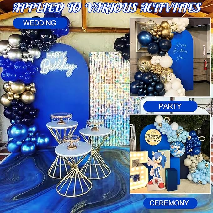 Metal Arch Stand and Cover Set,1 Royal Blue Spandex Fitted Backdrop with 1 Gold Wedding Arched Stand Frame for Parties Birthday Baby Shower Bridal Banquet Decoration (7.2FT)