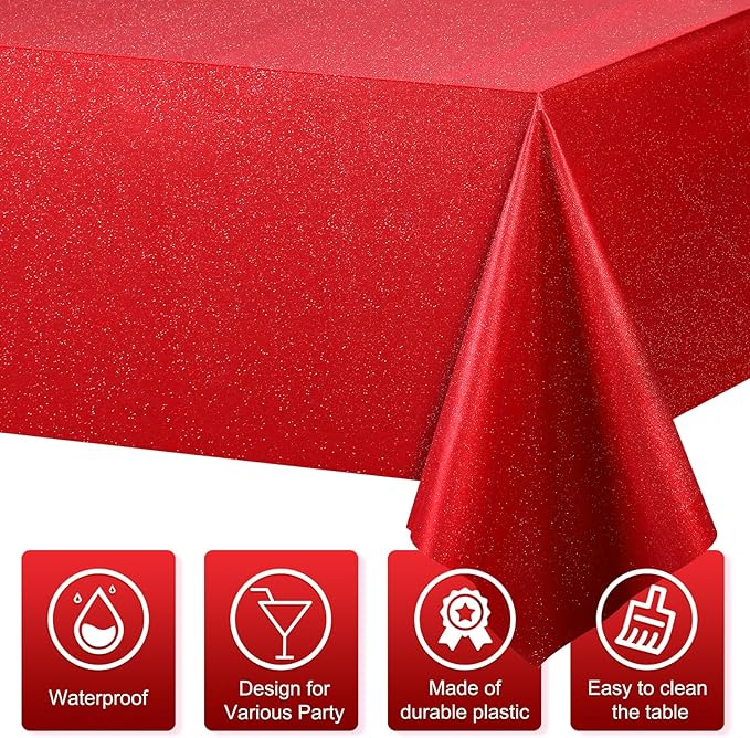 FunnyPars 6 Pack Iridescent Red Plastic Tablecloth,Glitter Disposable Laser Rectangle Table Covers,Red Holographic Foil Table Cloth Christmas Birthday Wedding Anniversary Party Decorations,54x108Inch