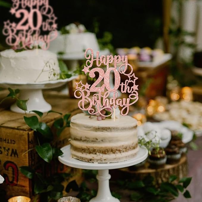 1 PCS Happy 20th Birthday Cake Topper Glitter Cheers to 20 Years Birthday Cake Pick Hello 20 Fabulous Cake Decoration for Happy 20th Birthday Anniversary Party Decorations Supplies Rose Gold