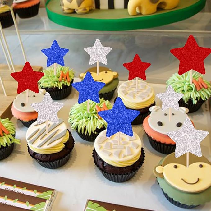 30 PCS Independence Day Cupcake Toppers Glitter Blue Red Silver Twinkle Little Star Cupcake Picks Wedding Bridal Shower Baby Shower Birthday American National Party Cake Decorations Supplies