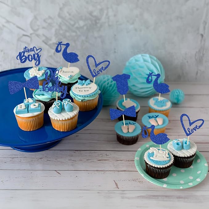 Gyufise 36 Pack Oh Baby Cupcake Toppers It's a Boy Cupcake Toppers with Tie Onesie Love Heart Deep Blue Glitter Babyshower Cake Picks Decorations for Baby Shower Boy Birthday Party Supplies