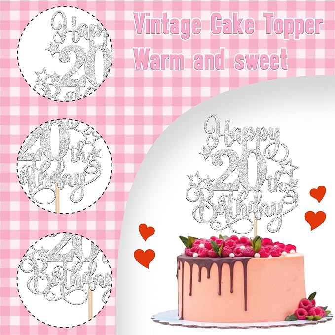 1 PCS Happy 20th Birthday Cake Topper Glitter Cheers to 20 Years Birthday Cake Pick Hello 20 Fabulous Cake Decoration for Happy 20th Birthday Anniversary Party Decorations Supplies silver