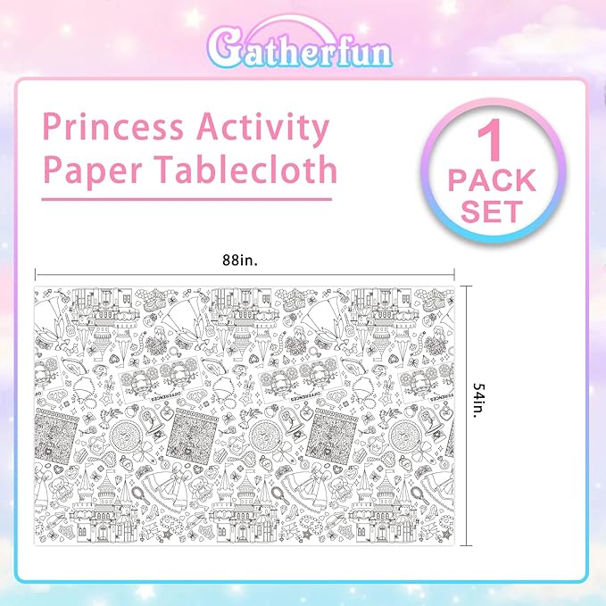 Gatherfun Princess Party Supplies Color-in Disposable Paper Tablecloth | 54x88 in Princess Party Decorations Set for Kids Birthday, School & Special Events