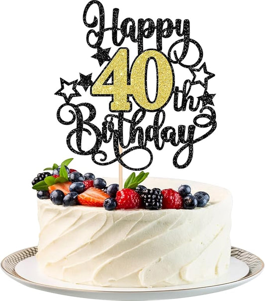 1 PCS Happy 40th Birthday Cake Topper Black Gold Glitter Cheers to 40 Years Birthday Cake Pick Hello 40 Fabulous Cake Decoration for Happy 40th Birthday Anniversary Party Decorations Supplies