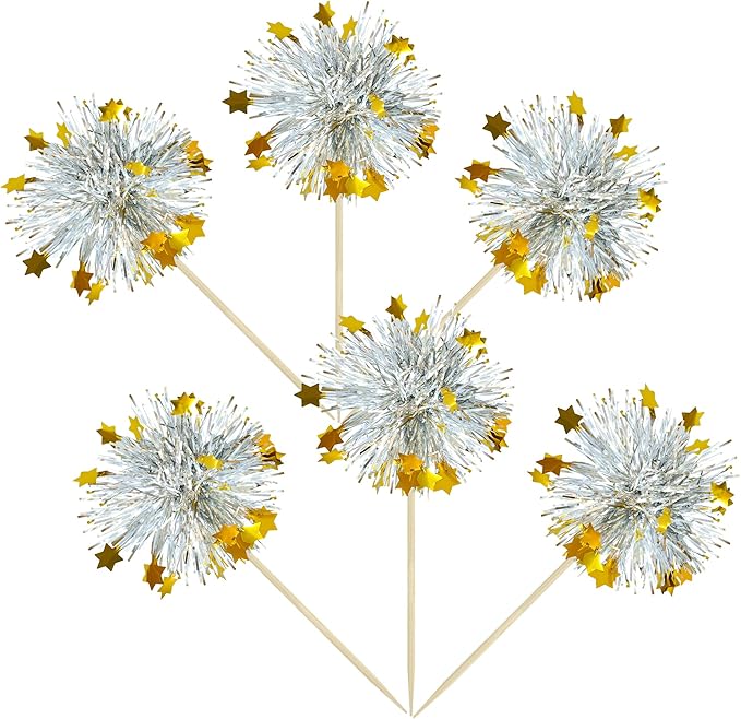 Ephlyn 30Pcs Foil Firework Cupcake Toppers Sparkle Tinsel Cupcake Picks Happy Birthday Cake Decorations Drink Stirrers Cocktail Food Fruit Toothpicks for Baby Shower Graduation Party Supplies Silver