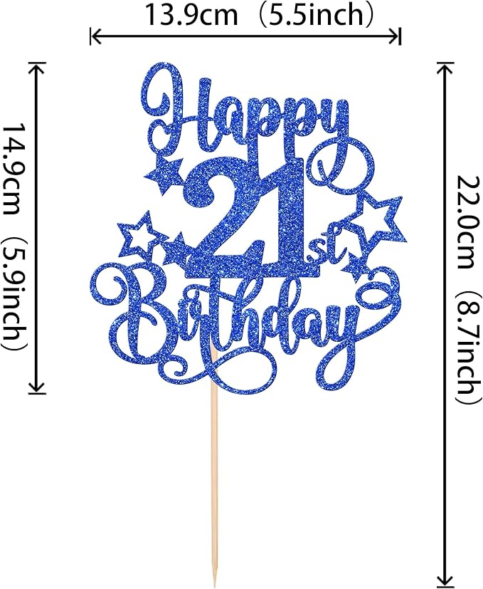 1 PCS Happy 21st Birthday Cake Topper Glitter Cheers to 21 Years Birthday Cake Pick Hello 21 Fabulous Cake Decoration for Happy 21st Birthday Anniversary Party Decorations Supplies Blue