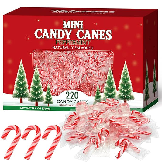 Bulk Mini Candy Cane Individually Wrapped 220 Pack - Small Peppermint Candy Canes Naturally Flavored Red & White Christmas Candy For Holiday Gifts, Stocking Fillers, Party Favors & Decorations