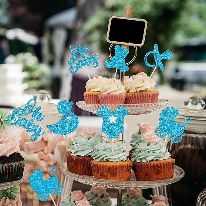 Gyufise 36Pcs Oh Baby Cupcake Toppers Glitter Bear Pacifier Baby Carriage Cupcake Picks Baby Shower Cake Decorations for Gender Reveal Baby Shower Birthday Party Supplies Blue