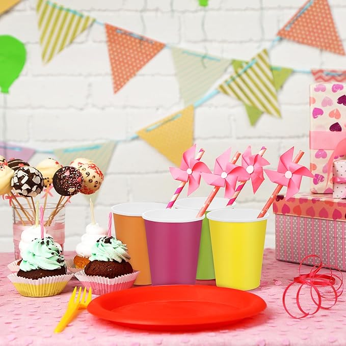 URATOT 60 Pieces 9 Ounce Disposable Paper Cups Neon Color Party Cups Drinking Cups for Party, DIY, and Holiday, 4 Colors