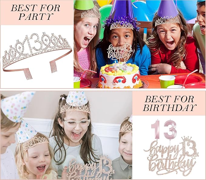 13th Birthday Decorations for Girls, Including 13th Happy Birthday Cake Toppers, Queen Sash with Pearl Pin, Sweet Rhinestone Tiara Crown, Number Candles and Balloons Set, Rose Gold