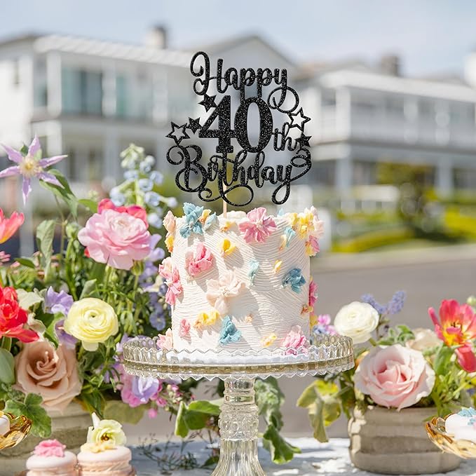 1 PCS Happy 40th Birthday Cake Topper Glitter Cheers to 40 Years Birthday Cake Pick Hello 40 Fabulous Cake Decoration for Happy 40th Birthday Anniversary Party Decorations Supplies Black