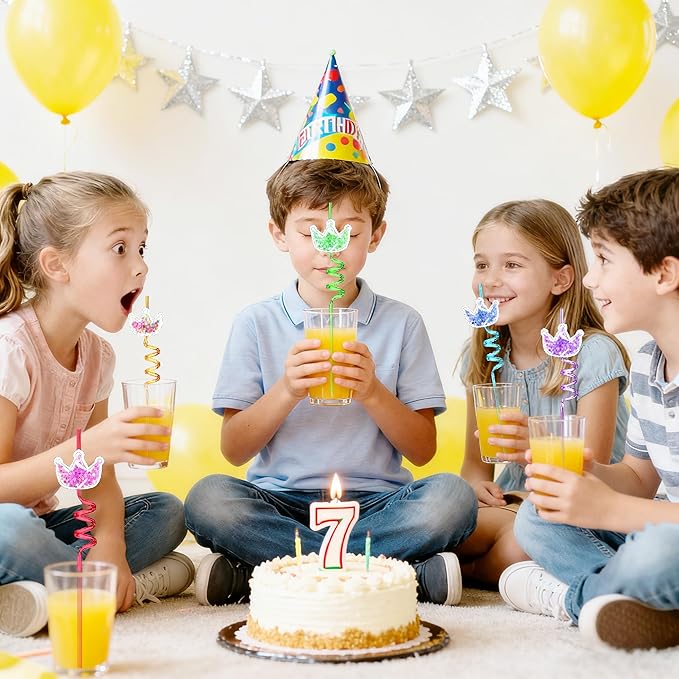 LEDUO 24Pcs Glitter Princess Party Favors-Reusable Crown Drinking Straws - Birthday Party Supplies-Boys Girls Party Decorations-Princess Theme Birthday Party Crazy Silly Straw with 2 Cleaning Brushes