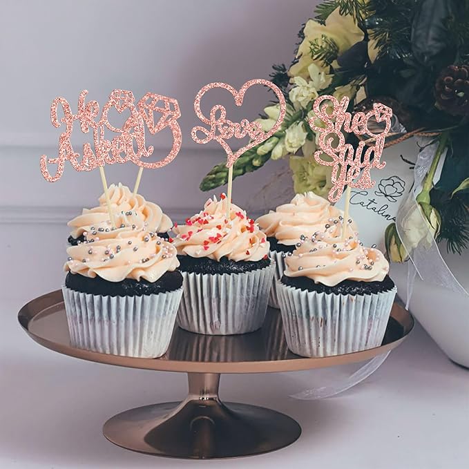 Gyufise 24Pcs Rose Gold He Asked She Said Yes Cupcake Toppers Diamond Ring Heart Cake Picks for Wedding Engagement Party Cake Decorations