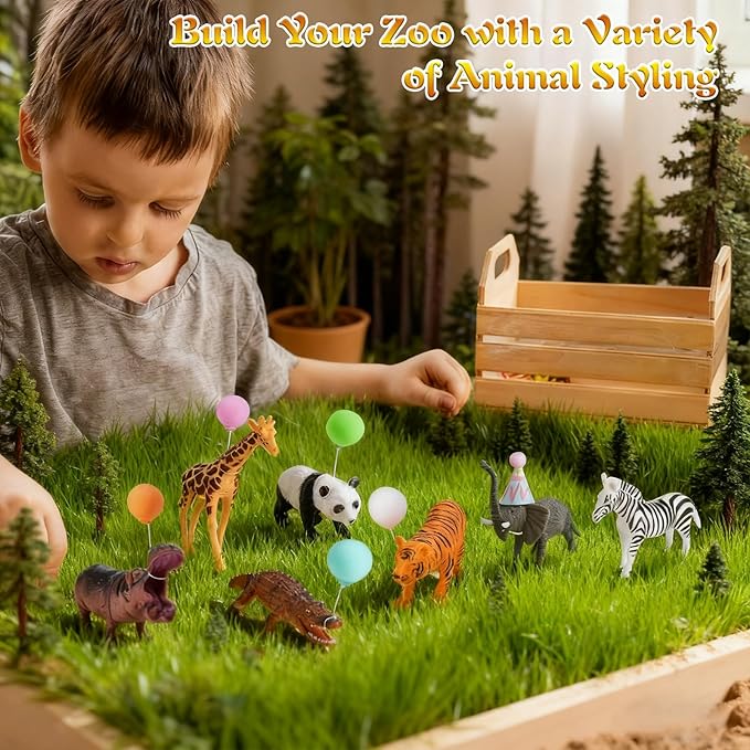 46 PCS Jungle Animal Birthday Party Decorations, Safari Animal Toys Figures Kit with 15 SafariAnimal Figurines, 15 Mini Hats & 15 Balloons, 1 Cake Toppers for Birthday Party Supplies