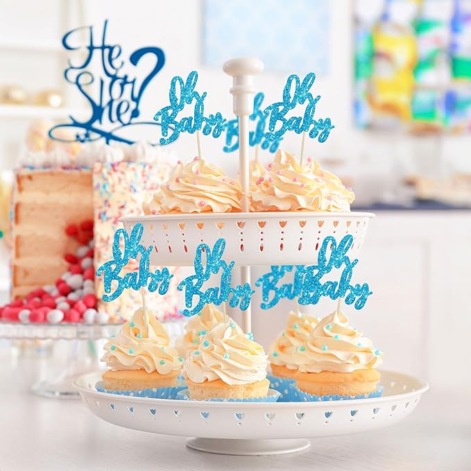 24Pcs Oh Baby Cupcake Toppers Glitter Baby Shower Cupcake Picks Gender Reveal Theme Cake Decorations for Baby Shower Kids Boys Girls Birthday Party Supplies Blue