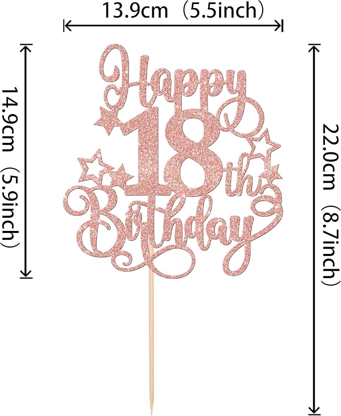 1 PCS Happy 18th Birthday Cake Topper Glitter Cheers to 18 Years Birthday Cake Pick Hello 18 Fabulous Cake Decoration for Happy 18th Birthday Anniversary Party Decorations Supplies Rose Gold