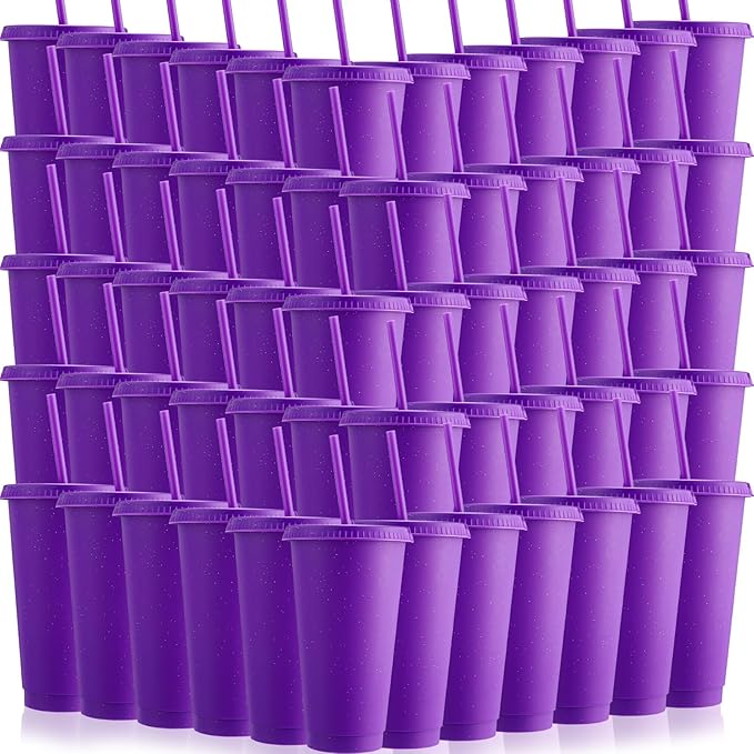 Honeydak 60 Pack Tumbler with Straw and Lid Bulk Cups for Gifts Glitter Plastic Coffee Cups 24-27 oz Reusable Water Bottle Iced Coffee Travel Mug Party Favors for Birthdays Travel (Purple)