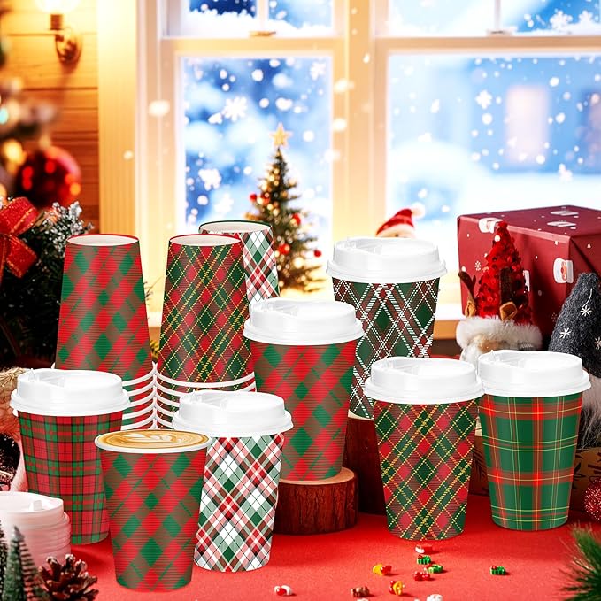 Yungyan 120 Sets Christmas Disposable Coffee Cups with Lids 12 oz Buffalo Plaid Paper Cups Xmas Hot Cocoa To-go Coffee Mug for Hot Cold Drinks Chocolate Tea Beverage Christmas Party Supplies