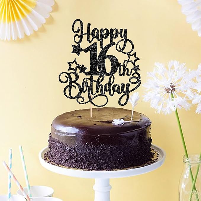1 PCS Happy 16th Birthday Cake Topper Glitter Cheers to 16 Years Birthday Cake Pick Hello 16 Fabulous Cake Decoration for Happy 16th Birthday Anniversary Party Decorations Supplies Black