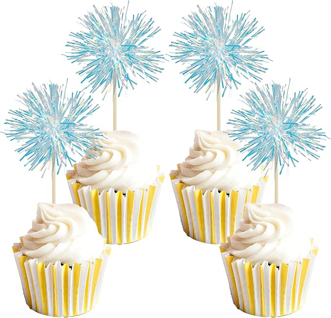 Gyufise 30Pcs Foil Firework Cupcake Toppers Sparkle Tinsel Cake Toppers Tinsel Drink Cake Decoration Cocktail Picks for Birthday Wedding Graduation Party Supplies Laser Blue