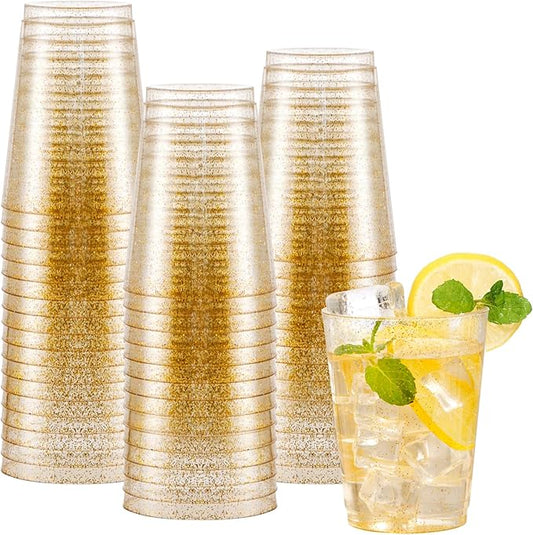 I00000 60 Pack 10oz Gold Plastic Cups, Premium Disposable Gold Glitter Plastic Cups for Martini and Cocktail,Hard Clear Disposable Cup with Gold Glitter Perfect for Fancy Wedding and Elegant Party Cup