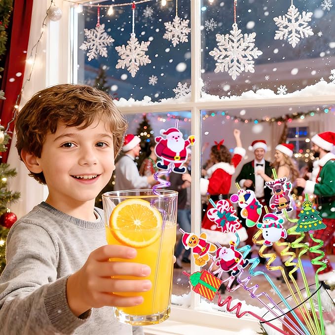 48PCS Pary Straws - 24 Christmas Straws and 24 Glitter Snowflake Straw for Party Favors Decors - Reusable Crazy Straw for Kids Winter Xmas Party Supplies, Plastic Drinking Straw for Kids New Year