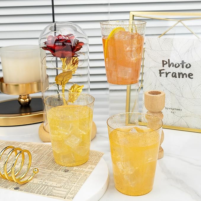I00000 100 Pack 10oz Gold Plastic Cups, Premium Disposable Gold Glitter Plastic Cups for Martini and Cocktail,Hard Clear Cup with Gold Glitter Perfect for Fancy Wedding and Elegant Party