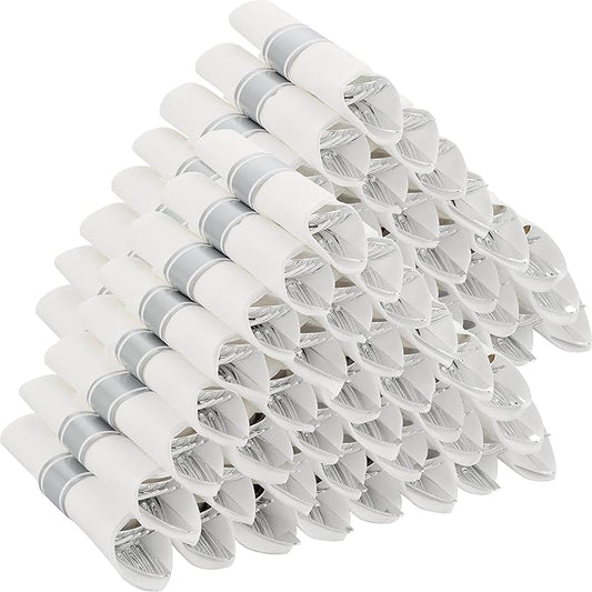100 Pack Pre Rolled Silver Plastic Silverware Set with Napkins,Disposable Wrapped Heavy Duty Cutlery Set for Wedding Birthday Party-100 Forks,Knives,Spoon,Utensils Set,Plasticware Bulk