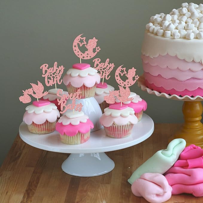 24Pcs Sweet Baby Girl Cupcake Toppers Rose Gold Glitter Moon Star Baby Shower Cupcake Picks Decorations for Gender Reveal Baby Shower Kids Girls Birthday Party Supplies