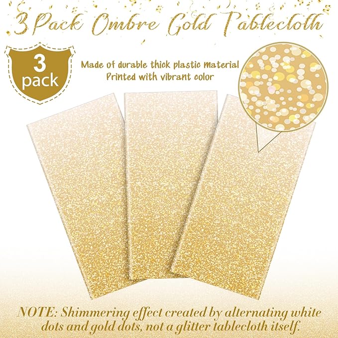 FunnyPars 3 Pack Ombre Gold Plastic Tablecloth for Parties, Gradient Yellow Gold Disposable Tablecloths for Rectangle Tables, Light Gold Table Cover for Wedding Birthday Anniversary Party, 54x108Inch