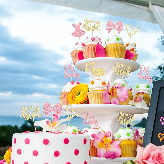 Gyufise 36 Pack Oh Baby Cupcake Toppers It's a Girl Cupcake Toppers with Bow Dress Love Heart Glitter Cake Picks Decorations for Baby Shower Girl Birthday Party Supplies