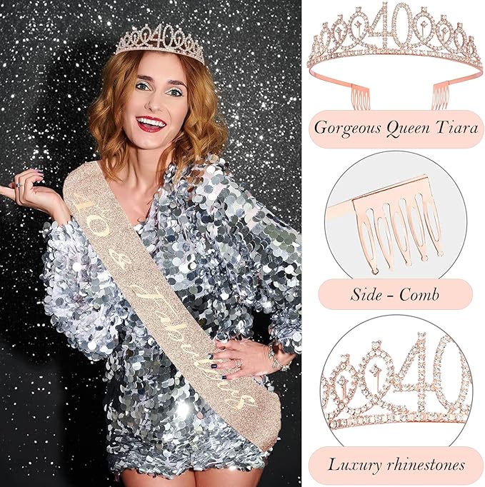 40th Birthday Gifts Decorations for Women, Including 40th Happy Birthday Cake Toppers, Birthday Queen Sash with Pearl Pin, Sweet Rhinestone Tiara Crown, Number Candles and Balloons Set