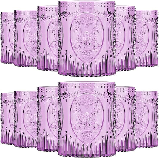 12 Plastic Vintage Drinking Glasses 8.5oz Stemless Retro Embossed Wine Glasses Shatterproof Reusable Cups for Baby Shower Wedding Reception Grand Event Party (Purple)