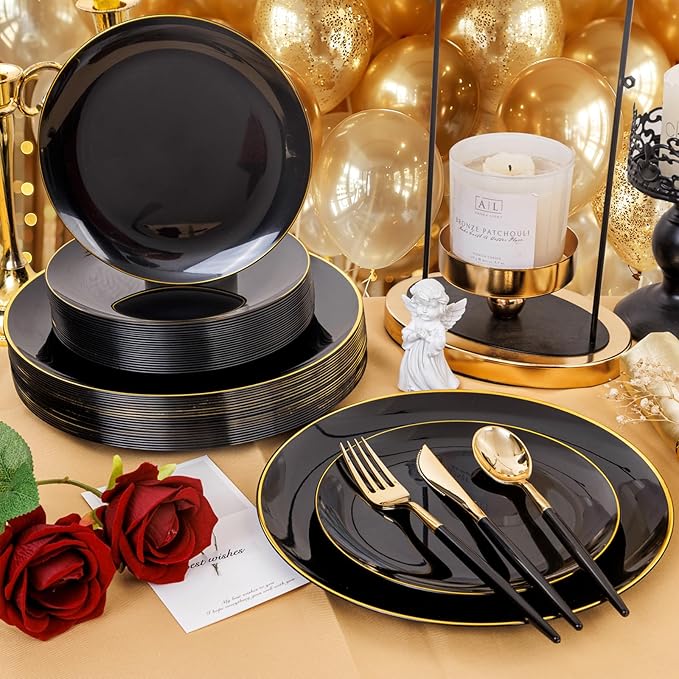 Supernal 102pcs Gold Plastic Silverware, Golden Cutlery with Black Handle, Disposable Flatware Collection, Includes 34 Plastic Forks and Spoons and Knives Ideal for Weddings, Parties, and Birthdays