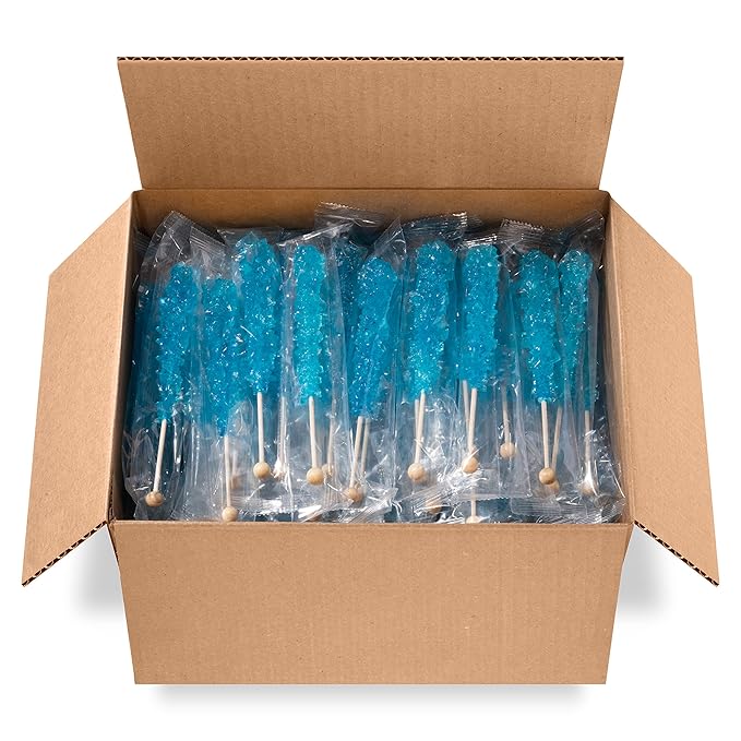 Blue Rock Candy Sugar Sticks - Blue Raspberry Flavored - 144 Individually Wrapped Candy Party Favors