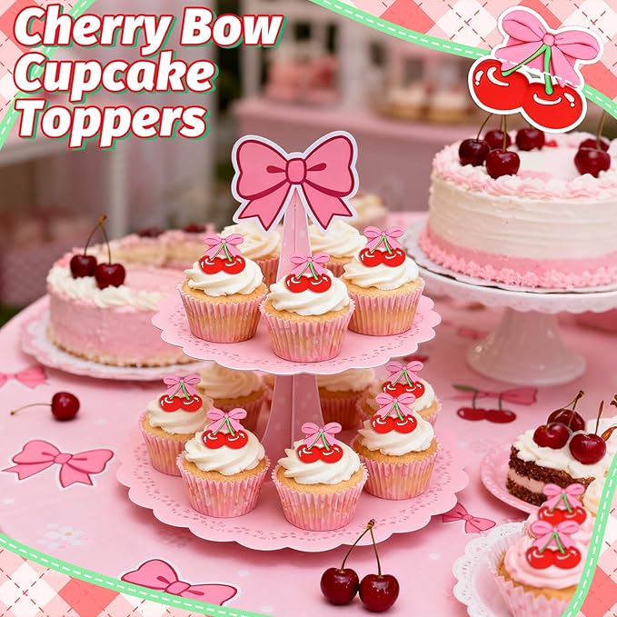 24 PCS Cherry Cupcake Toppers Pink Bow Cake Toppers Bowknot Cupcake Topper Ring She's the Cherry On Top Cake Decoration for Birthday Baby Shower Wedding Bridal Shower Party Supplies