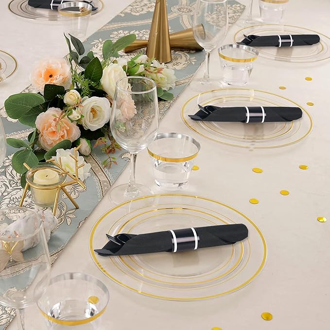 50 Pack Pre Rolled Black Plastic Silverware Set,Wrapped Plastic Cutlery Set with Napkin Include 50 Forks,50 Spoons,50 Knives and 50 Black Napkins for Party,Wedding