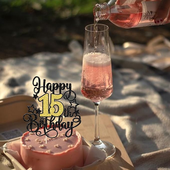 1 PCS Happy 15th Birthday Cake Topper Black Gold Glitter Cheers to 15 Years Birthday Cake Pick Hello 15 Fabulous Cake Decoration for Happy 15th Birthday Anniversary Party Decorations Supplies