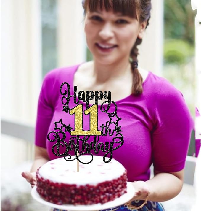 1 PCS Happy 11th Birthday Cake Topper Black Gold Glitter Cheers to 11 Years Birthday Cake Pick Hello 11 Fabulous Cake Decoration for Happy 11th Birthday Anniversary Party Decorations Supplies