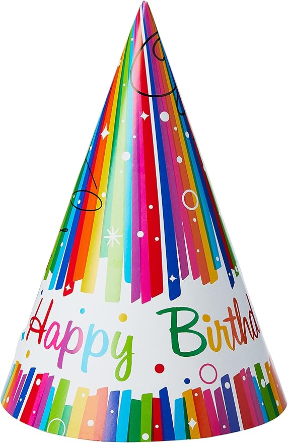 Multicolor Rainbow Ribbons Birthday Paper Party Hats (Pack Of 8) - Vibrant Paper Hats, Perfect For Kids & Adults - One Size Fits All