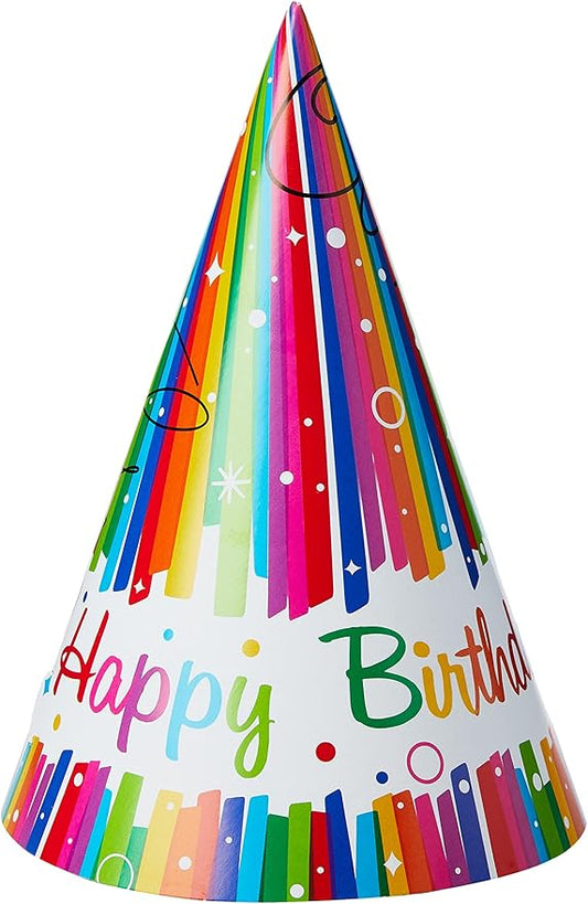 Multicolor Rainbow Ribbons Birthday Paper Party Hats (Pack Of 8) - Vibrant Paper Hats, Perfect For Kids & Adults - One Size Fits All